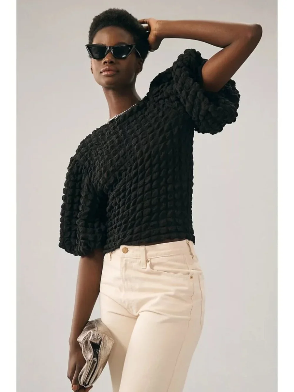 Eri + Ali Textured Puff-Sleeve Top Black Textured Bubble Smocked Fitted Size S